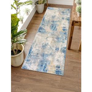 Lahome Modern Abstract Blue Bathroom Rug, 2x6 Washable Long Hallway Rug Soft Non Slip Blue Floor Accent Carpet Runner for Entryway Kitchen Laundry Room Doorway Bedroom