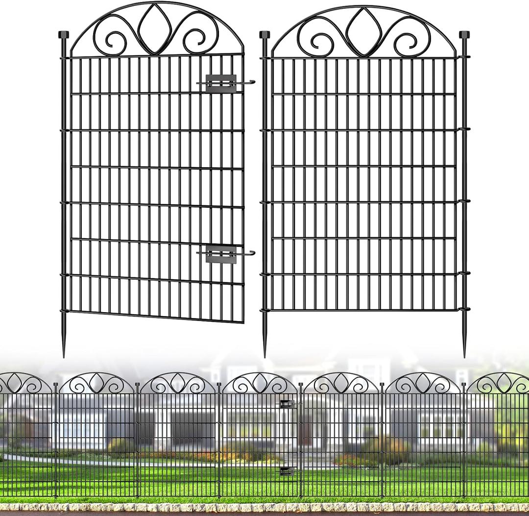 10 Panels No Dig Tall Garden Fence with Gate 48" H X 26.25' L Rustproof Metal Dog Fence Outdoor for Yard, Decorative Animal Barrier Fence for Pet, Garden Border, Patio, Flower | Temporary Fencing
