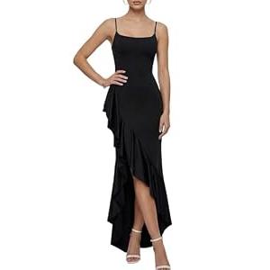 ZAFUL SPORTS Women's Sexy Ruffles Slit Formal Gown, Spaghetti Strap Bodycon Maxi Dress for Prom Party Wedding Guest,Black,XS