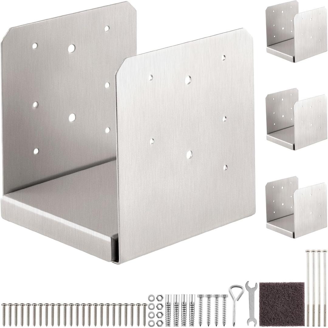 8"x 8" Post Base, 4Pcs Stainless Steel Adjustable Post Anchor Bracket (Internal 7.5 x 7.5), Adjustable Post Base for Pavilion Deck Porch Handrail Railing Support Decorative Anchor Plate