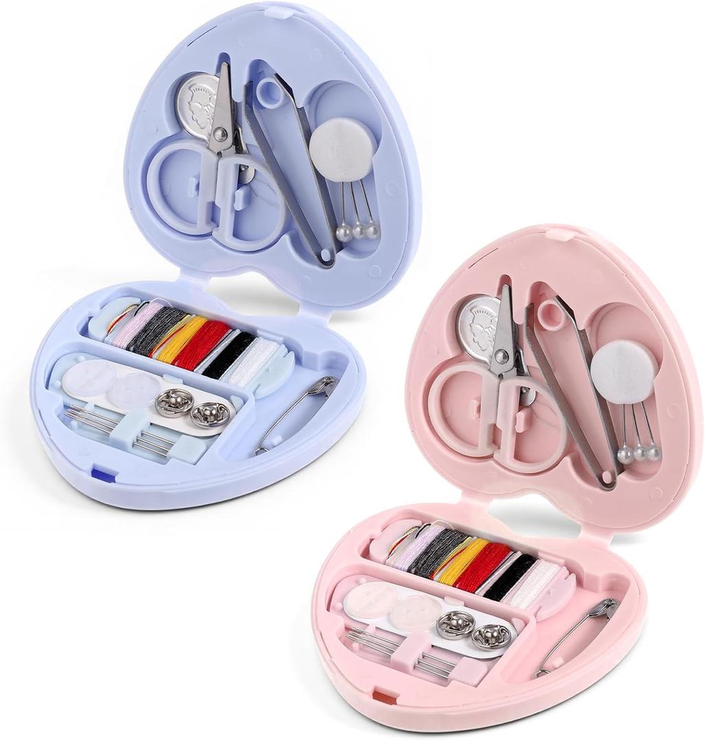 2 Pcs Heart Shaped Portable Travel Sewing Kit Mini Sewing Kit Small DIY Sewings Repair Box with Threads, Scissors, Needles, Button, Tweezers Pink & Blue