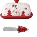 Applicable to Christmas Gifts, Butter Plates, Butter Knives, Western Food Dishes, Dim Sum Biscuits, Dessert Dishes With Covers, Nordic Style (Red, A Set), 7.5"L x 5"W x 4.2"H