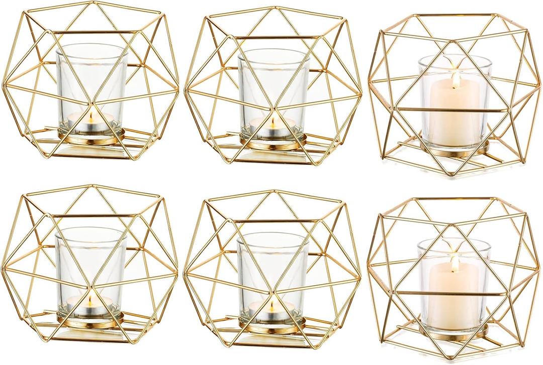 Hewory Geometric Tealight Candle Holders Gold, Modern Metal Geo Wedding Centerpieces for Table, Votive Candle Stand Accent for Tea Light for Home Shelf Mantel Christmas Birthday Party Decor, 6pcs