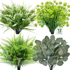 12 Bundles 4 Styles Artificial Plants Outdoor Summer Decor, UV Resistant No Fade Artificial Flowers Faux Plants Fern Lavender Eucalyptus Plastic Greenery Shrubs for Outside Porch Garden Home Cemetery
