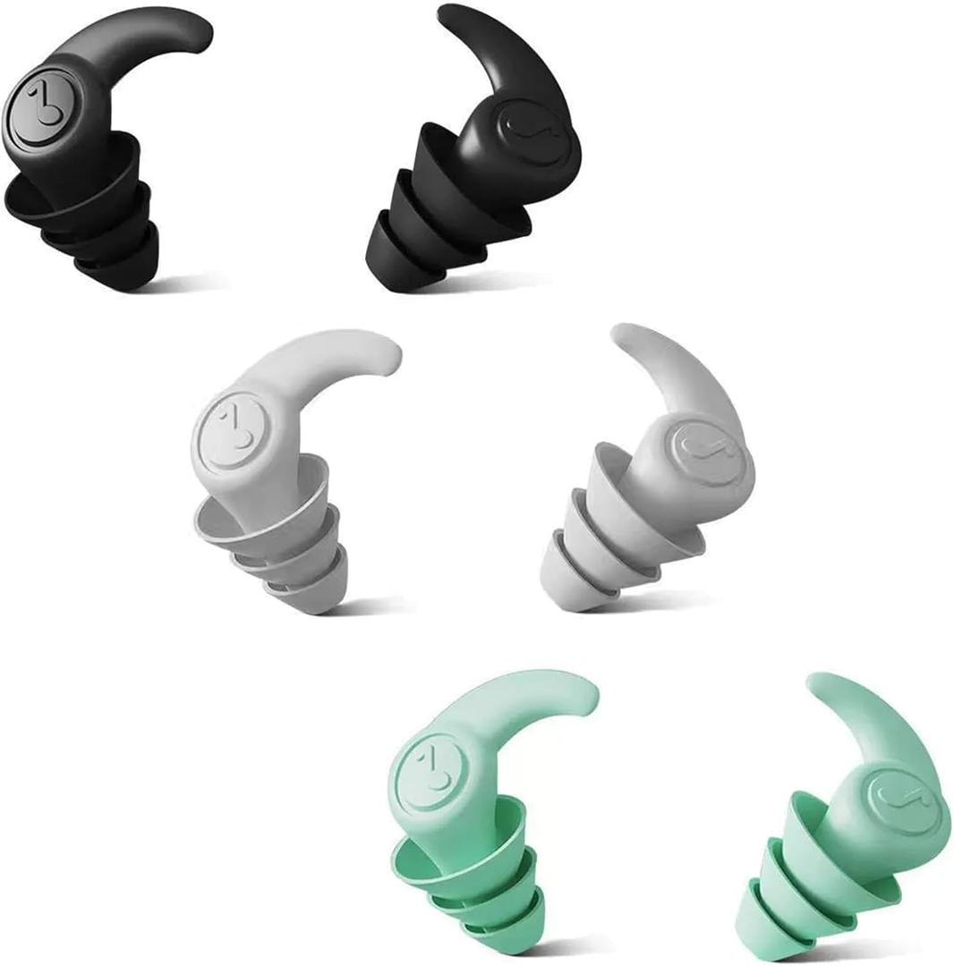 Swimming Ear Plugs 3 Pairs Reusable Silicone Noise-Reducing Earplugs for Sleep Deep Focus Swimming Snorkeling Showering Adults Black+Gray+Green (1 Count (Pack of 3))