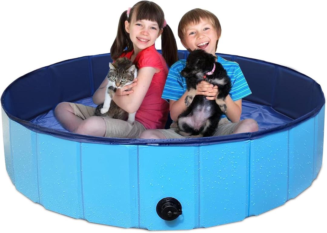 63" Foldable Dog Pool,63 x 12Inches Hard Plastic Collapsible Pet Bath Tub & Wading Pool or Dogs and Cats for Indoor/Outdoor Use Swimming Pool, Blue