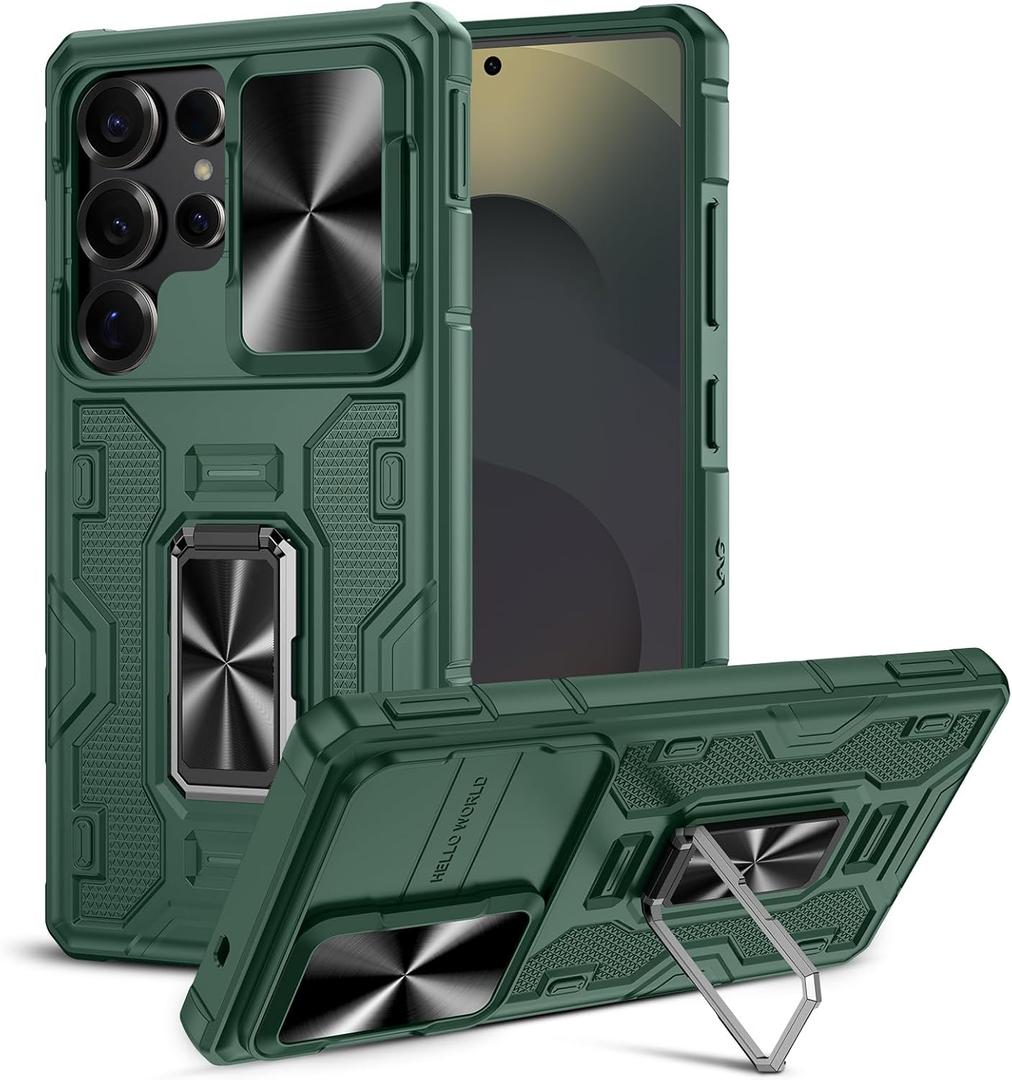 Caka for Samsung Galaxy S25 Ultra Case [Military Grade Protection] [Full Camera Lens Cover] [360Spin Stand] Heavy Duty Protective Hard Rugged Phone Cover with Kickstand Ring Holder - Green