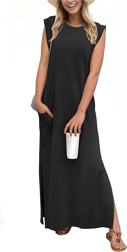GRECERELLE 2025 Women Year-Round Casual Round Neck Loose Split Wrinkle-Free Long Maxi Vacation Dress with Pockets, Size M