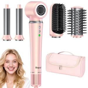 5 in 1 Hot Air Styler Wrap with Travel Bag- Professional High-Speed Hair Dryer Brush with Auto Wrap Curlers, 300 Million ions Frizz-Free and Fast Drying for Multiple Style, No Heat Damage, Gift Idea (Pink)