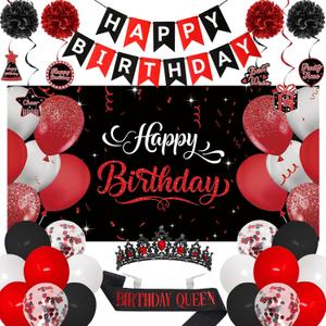 Roetyce Red Birthday Decorations for Women, Black and Red Birthday Queen Sash & Crown Banner Backdrop Balloons Hanging Swirls Kit Gift for Her, Bday Party Backdrop Background