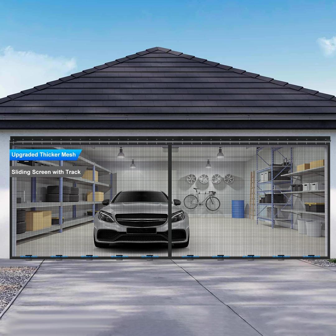 Sliding Garage Door Screen 8x7FT for 1 Car Garage Doors, Magnetic Garage Screen Door with Track Closure, Thicker 265g/ Mesh, 8x7Ft Retractable Garage Door Screen(Patent has Been published) (Black)