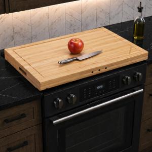 4-in-1 Noodle Board Stove Cover, Lightweight Wooden Stovetop Cover and Cutting Board for Electric, Glass, and Gas Stoves, Multi-Purpose Countertop Work Surface (Bamboo), 31"L x 20"W
