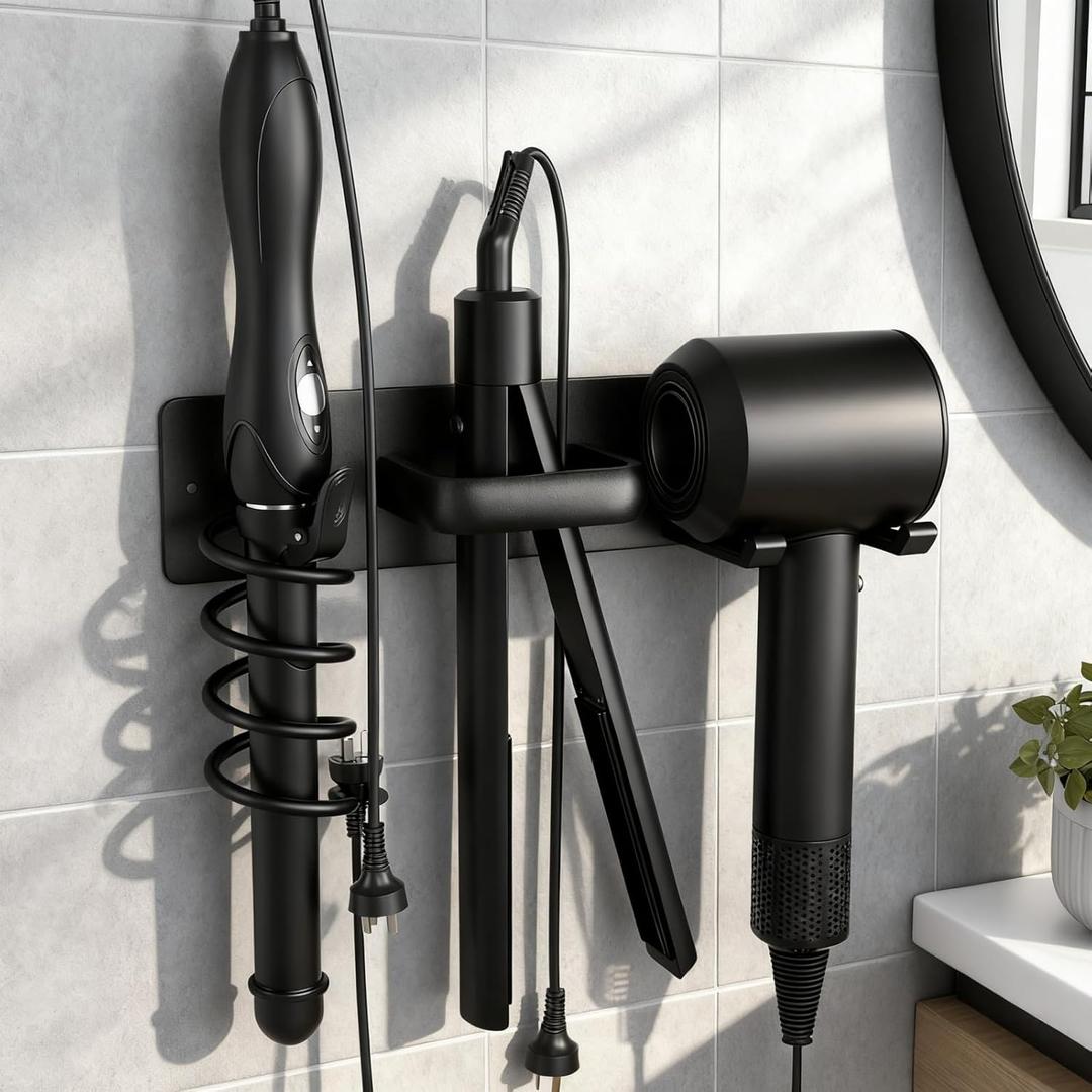 Hair Dryer Holder Wall Mounted Blow Dryer Holder Curling Iron Holder Straightener Holder 3 in 1 Bathroom Metal Hair Tool Organizer RackMatte Black