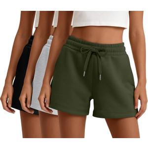3 Pack Womens Sweat Shorts Drawstring High Waist Summer Athletic Loose Elastics Sweatpants with Pockets (Medium, Black, Light Gray, Green)