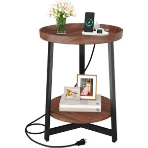Round Industrial Side Table with Charging Station, 2-Tier Round End Table with USB Port & Power Outlet, Nightstand with Metal Frame for Small Spaces, Living Room, Bedroom, Cherry, 15.75"D x 11.75"W x 23.03"H
