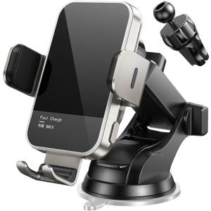 Wireless Car Charger, 7 Colored RGB Backlit 15W Auto Clamping Car Charger Phone Mount Holder for iPhone 15 14 13 12 Mini Pro Max 11 XR X, Samsung Galaxy S23 Ultra S22 S21+ S10+ Note 20, Etc - Silver