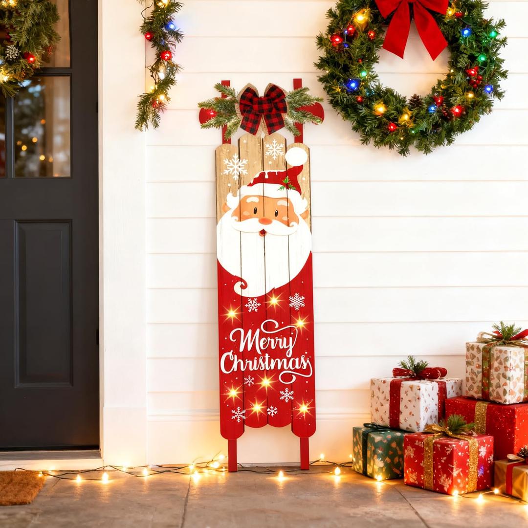 Lighted Wooden Welcome Sign for Front Porch,Merry Christmas Snowflake Porch Sign for Front Door Decorations, Red Xmas Hanging Signs Wall Sign for Christmas Happy New Year Decor Santa Claus Pattern