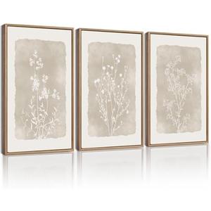KUVIOKE Boho Botanical Flower Wall Art Framed Vintage Floral Wall Prints Wildflower Neutral Rustic Bohemain Artwork Kitchen Bedroom Decor 11x14in (Natural Framed)