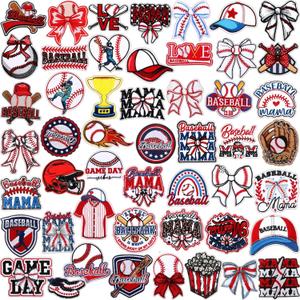 Wavwavw 50 Pcs Themed Iron on Patches Applique with Words Embroidered Sew on Cloth Colorful Multiple Styles Patches for Clothes Hats Backpacks Jackets Accessories Souvenirs Gifts(Baseball)