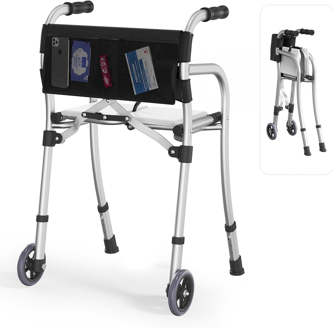 Narrow Walkers for Seniors with Seat, Lightweight Folding Space Saver Mobility Rolling Walker,Height Adjustable Standard Walker with Aluminum Frame, 5-inch Wheels, Compact Travel Walker (Silver)