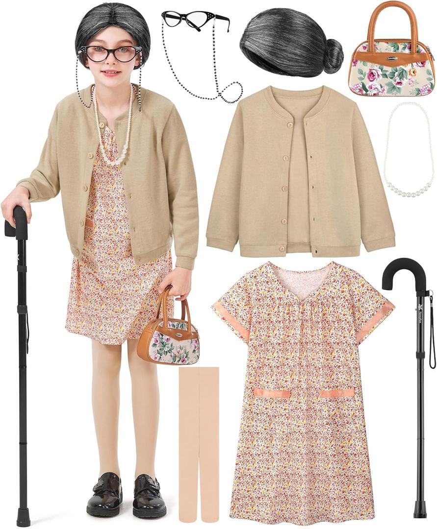 8 Pieces Old Lady Costume for Girls, 100 Days of School Costume for Kids Grandma Wig Granny Dress Cosplay Outifits (3-4T, Light Khaki Cardigan and Orange-white Nightgown)