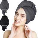 HOMEXCEL 2 Pack Large Microfiber Hair Towels Waffle Weave- 40 x 26.5 inches Fast Drying Turbans for Long, Thick, Curly Hair - Anti Frizz Wrap with Elastic Strap, Black/Grey