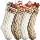 Dalzom 4Pcs Personalized Christmas Stockings with Leather Patches Custom Name, 18 Premium Large Knitted Christmas Stockings for Kids, Family, Holiday and Fireplace Party Decoration (Ivory, Flaxen)
