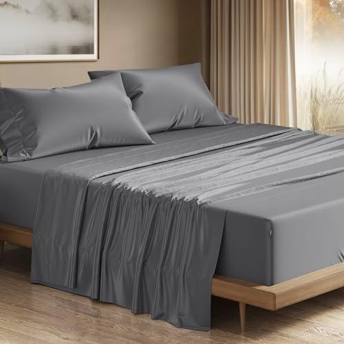 THREAD SPREAD 100% Egyptian Cotton King Size Sheets Set - Luxury 1200 Series Plush Collection Egyptian Cotton Sheets King Size (4 PC, Dark Grey), Silky Soft, Cooling, 17" Deep Pocket Bed Set