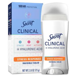 Secret Clinical Strength Antiperspirant Deodorant for Women, Stress Response, 100hr Sweat & Odor Protection, 3X Stress Protection with Hyaluronic Acid, PH Balancing Minerals, Invisible Solid, 2.6 oz