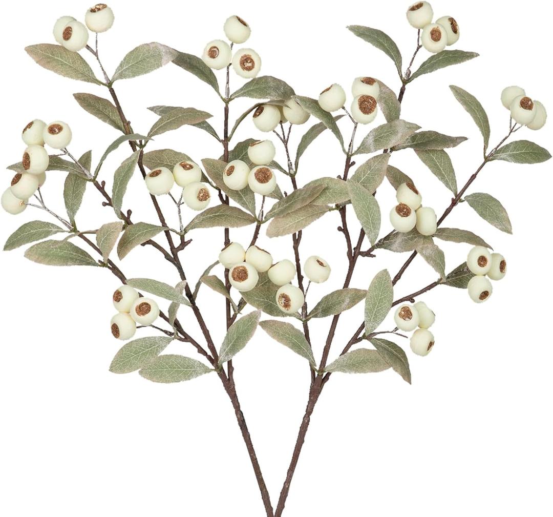 2PCS Artificial Fall Stems Fake White Hawthorn Berry Spray, 23" Fall Branches Faux Greenery Autumn Décor for Vase Farmhouse Kitchen Table Centerpiece Fall Decoration