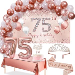 Trgowaul 75th Birthday Decorations Balloon Set Women's Arch, Rose Gold 75th Birthday Banner and Party Tablecloth, Belt and Tiara, Pink Gold 75th Balloon, Pink Birthday Cake Top, Latex Balloon * 60