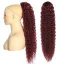 Deep Wave Ponytail Extension for Women 24 Inch Wine Red Curly Wavy Ponytail Hair Extensions Drawstring with Clips Short Synthetic Hairpiece for Daily and Party