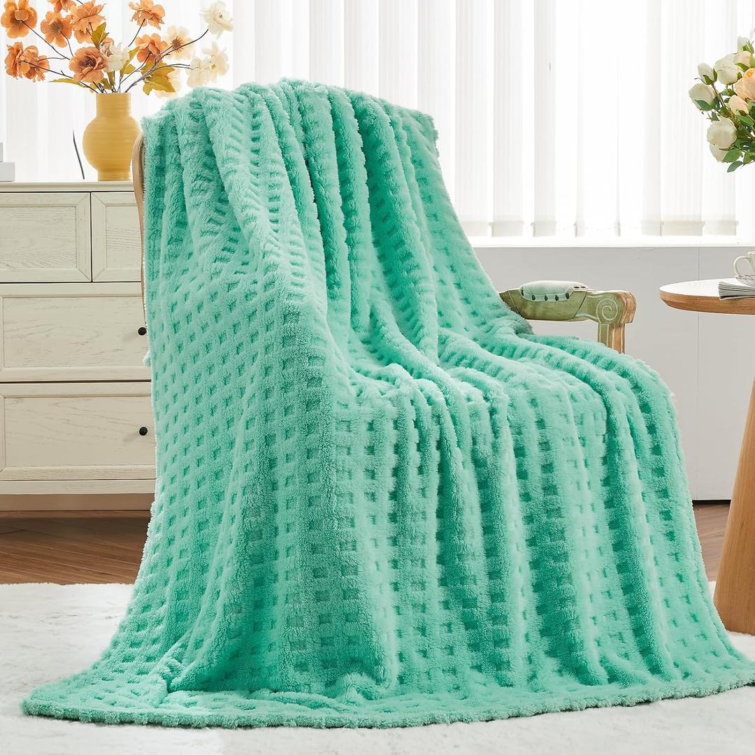 NEWCOSPLAY Super Soft Twin Blanket Aqua Premium Silky Flannel Fleece 3D Waffle Checkered Lightweight Bed Blanket All Season Use (Aqua, Twin(60"x80"))