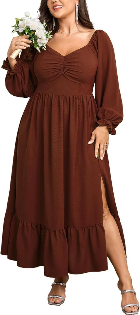 SCOMCHIC Womens Plus Size Wedding Guest Cocktail Dress Sweetheart Neckline Long Sleeve Smocked Ruffle Slit Maxi Dresses (Brown)
