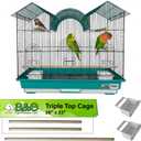A&E Cage Co AE2614TT SP Blue Triple Top Bird Cage 26" x 14" x 23" Decorative Small Bird Cage Includes 2 Feeder Stations, 3 Wood Perches, Slide-Out Tray & Carry Handle (Teal)
