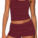 RUEWEY Women Y2k Pajama Set Striped Sleeveless Crop Cami Top Lounge Shorts PJS 2 Piece Matching Sleepwear M