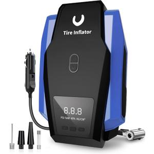 Tire Inflator Portable Air Compressor - Air Pump for Car Tires - 12V DC Tire Pump with Auto Shutoff Function & LED Light for Cars, Bicycles, Motorcycles, Blue, Large