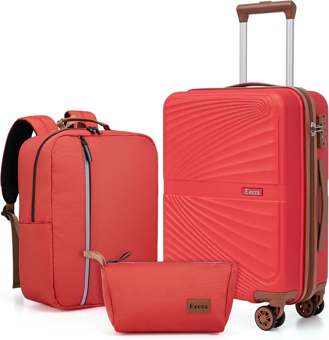 Carry On Luggage Set 22x14x9 Airline Approved Luggage Sets 3 Piece,Suitcases with Wheels,ABS Hard Case Luggage with TSA Lock Spinner Wheels(20 Inch,BP/TB) (Red)