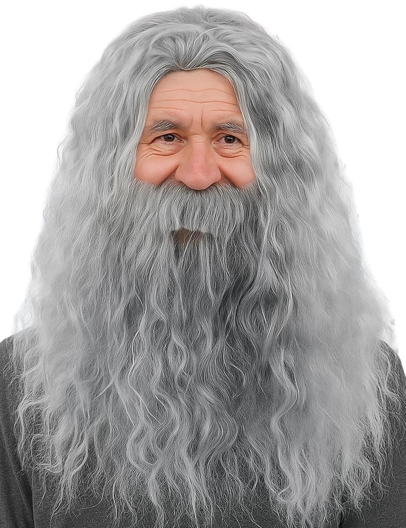 Wizard Gray Wig Beard Long Curly Wavy Hair Grey Men Synthetic Wigs Old Man Halloween Cosplay Party Christmas Costume Accessories Lightweight Realistic