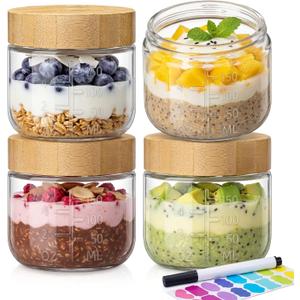 6oz Glass Jars with Airtight Lids - 4 Pack Overnight Oats Containers with Bamboo Lids, Small Food Containers with Measurement for Yogurt, Salad, Chia, Wide Mouth Mason Jar with Lid for Food Storage