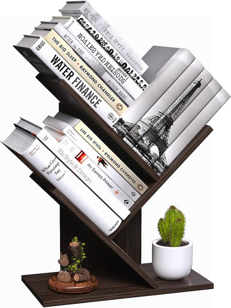 R RUISHENG 3 Tier Small Tree Bookshelf Desk Book Organizer Narrow Bookcases for Books Magazines CDs Free Standing Retro Wooden Storage Shelves for Home Office Bedroom Living Room Dark Walnut