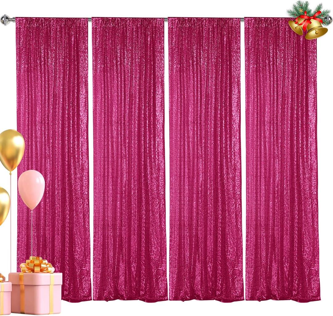 Hahuho Fuchsia Sequin Backdrop Curtain, 4PCS 2FTx8FT Glitter Backdrop Curtain for Parties, Christmas, Wedding, Party Decoration4 Panels, 2FT x 8FT, Fuchsia
