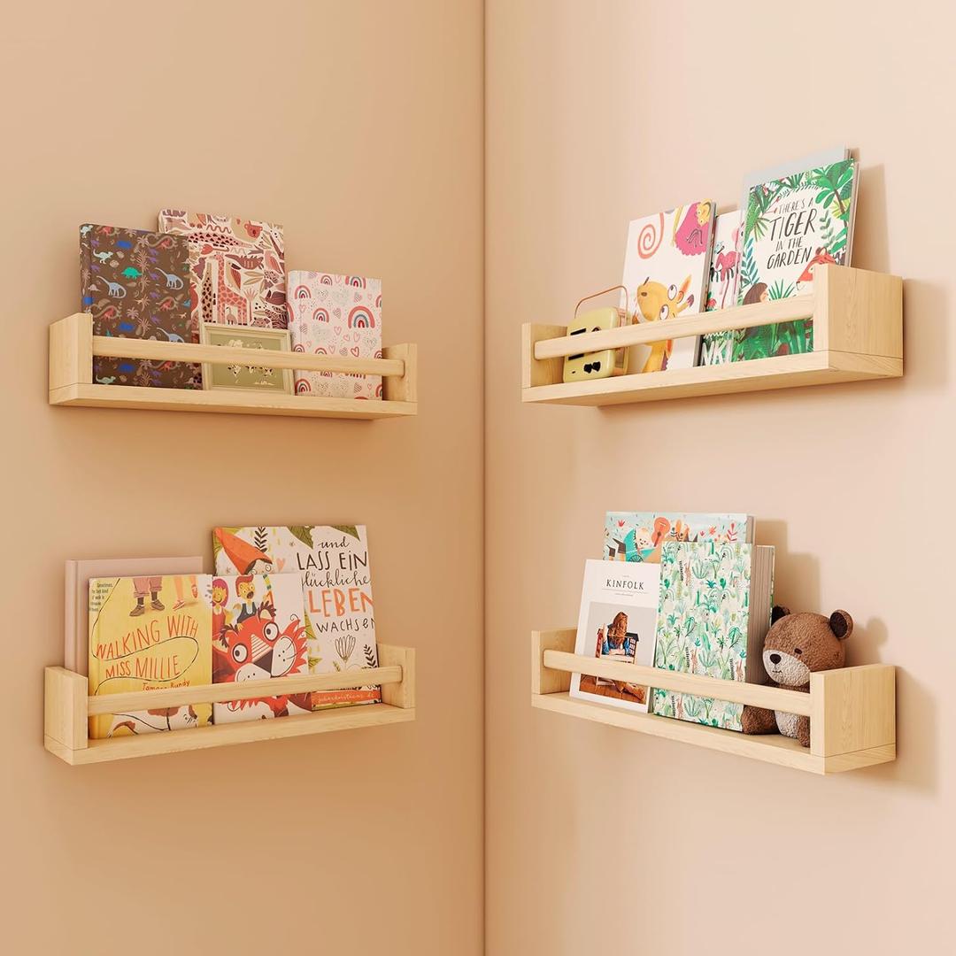 Nursery Shelves, Floating Bookshelves for Wall Set of 4, Baby Nursery Decor, Solid Wood Wall Mounted Shelves for Books (Natural Wood)