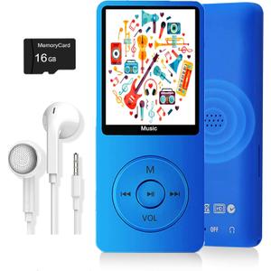 MP3 Player, Music Player with 16GB Micro SD Card, Build-in Speaker/Photo/Video Play/FM Radio/Voice Recorder/E-Book Reader, Supports up to 128GB (Dark Blue)