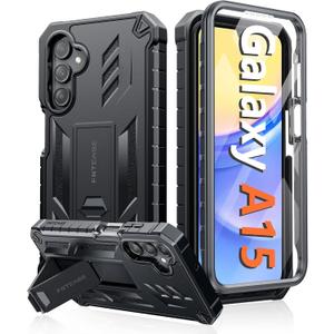 FNTCASE for Samsung Galaxy A15-5G Case: Military Grade Drop Proof Protection Phone Cover with Kickstand | Heavy Duty Rugged Full Body Protective Shockproof Matte Textured TPU Cases - 6.5 Inch (Black)