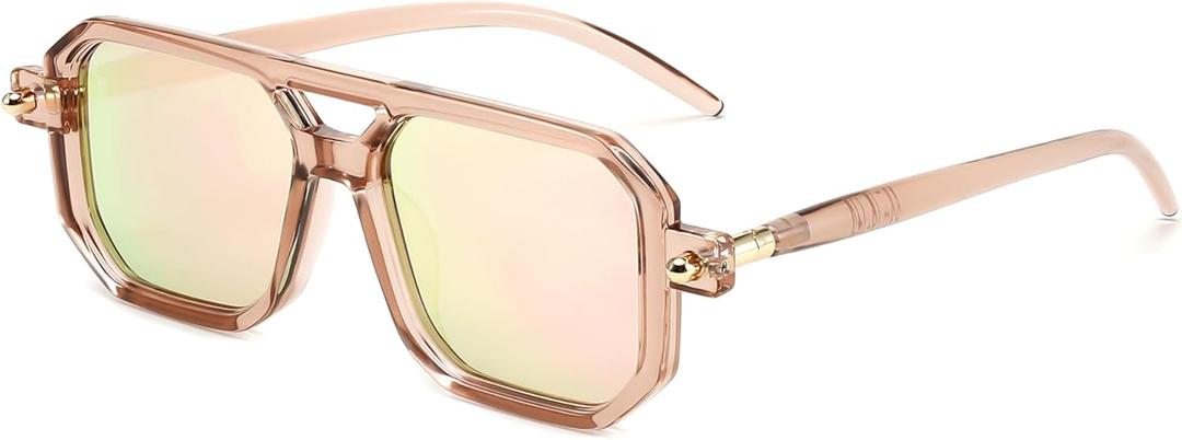 FEISEDY Vintage Square 70s Flat Aviator Sunglasses Women Men Classic Retro Stylish Frame UV400 Sunglasses B2622 (028 Champagne Frame & Pink Mirrored Lens)