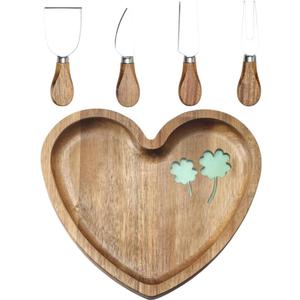 Heart Shaped Acacia Wood Cheese Board with 4 Piece Cheese Knife Set, St. Patrick's Day Green Clover Resin Inlay Appetizer Plates Charcuterie Serving Tray for Wine and Cheese Parties