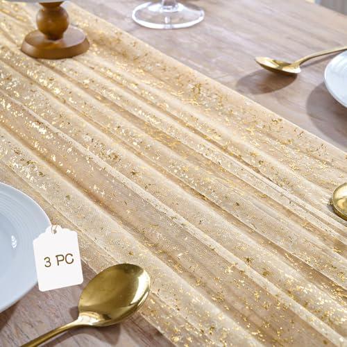 YARGEZON 3PC Gold Gauze Table Runner 120 Inch 10FT Dining Wedding Baby Shower Holiday Birthday Sheer Tulle Table Decor