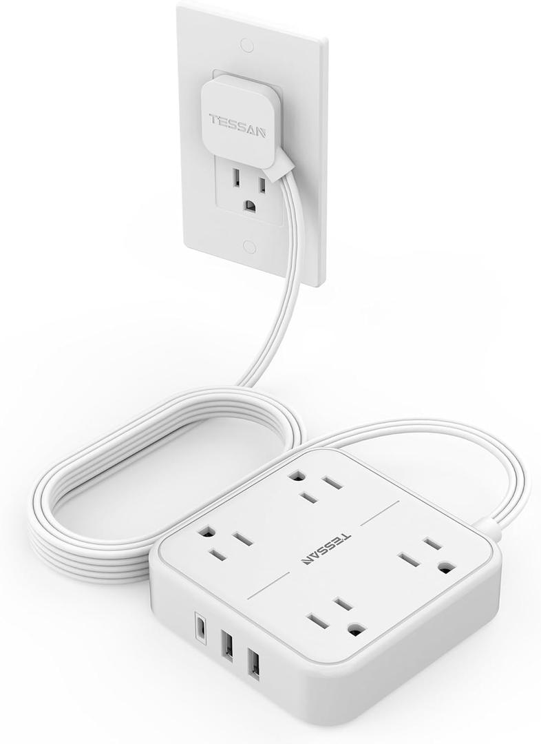 Flat Extension Cord 10 FT, TESSAN Surge Protector Power Strip 10 Feet with 4 Outlets 3 USB Wall Charger (1 USB C), Surge Protection, Ultra Thin Long Power Cord Mountable for Indoor Essentials, White