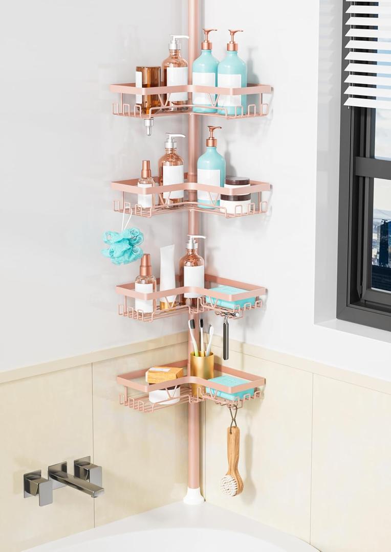 KEGII Corner Shower Caddy Tension Pole - 4-Tier Rustproof Bathroom Organizer, Floor to Ceiling Shower Caddy 25-114.2 inch, No Drilling Shower Storage Rack for Shampoo, Towels (Blush Nude)
